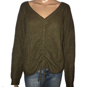a. Peach olive green v neck drawstring scrunch sweater